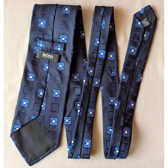 BOSS HUGO BOSS Dress Tie Silk Blue with Squares Geometric Textured Made in Italy - Picture 5 of 6